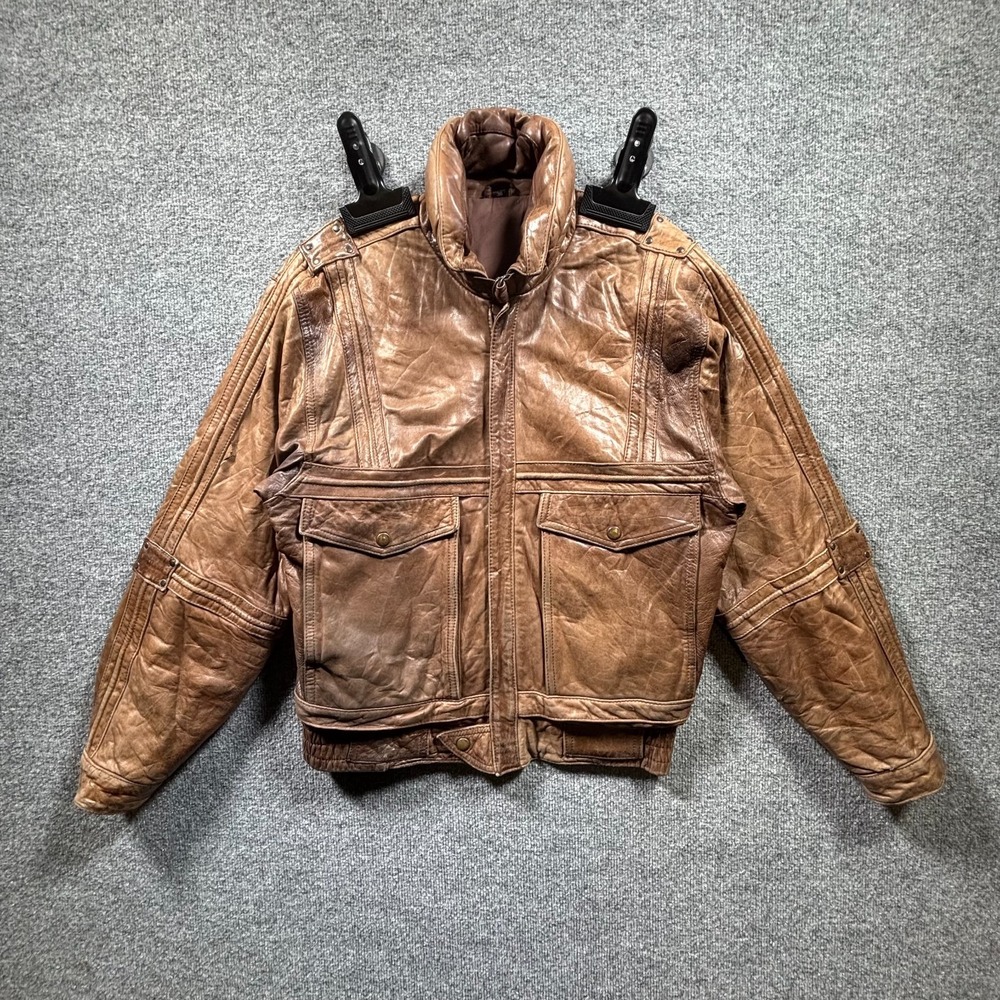 Vintage Messageries Aeriennes Bomber Jacket Men's 38 Brown Faux Leather Zip-Up